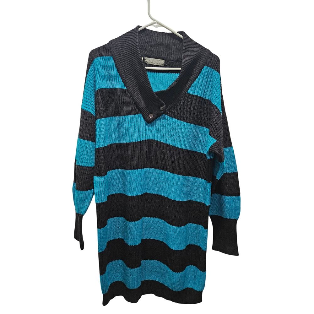 Vintage Gitano 2X Teal Black Striped Sweater Dress Shawl Collar Grunge 90's Mall